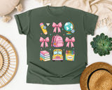 Back To School Supplies Pink Bow in Moss Comfort Colors 1717 tee