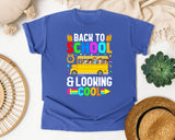 Back To School And Looking Cool Bus in Flo Blue Comfort Colors 1717 tee