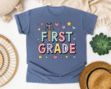 First Grade Bow Stars in Blue Jean Comfort Colors 1717 tee