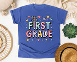 First Grade Bow Stars in Flo Blue Comfort Colors 1717 tee
