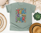 Teacher School Supplies Stacked in Bay Comfort Colors 1717 tee