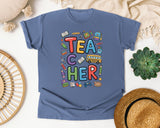 Teacher School Supplies Stacked in Blue Jean Comfort Colors 1717 tee