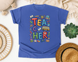 Teacher School Supplies Stacked in Flo Blue Comfort Colors 1717 tee