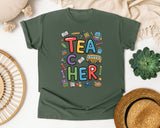 Teacher School Supplies Stacked in Moss Comfort Colors 1717 tee