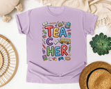 Teacher School Supplies Stacked in Orchid Comfort Colors 1717 tee