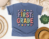 First Grade Pencil Hearts in Blue Jean Comfort Colors 1717 tee