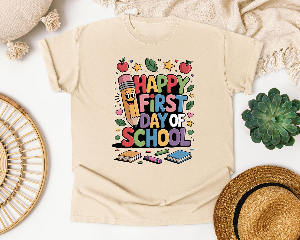 Happy First Day Of School Books in Ivory Comfort Colors 1717 tee