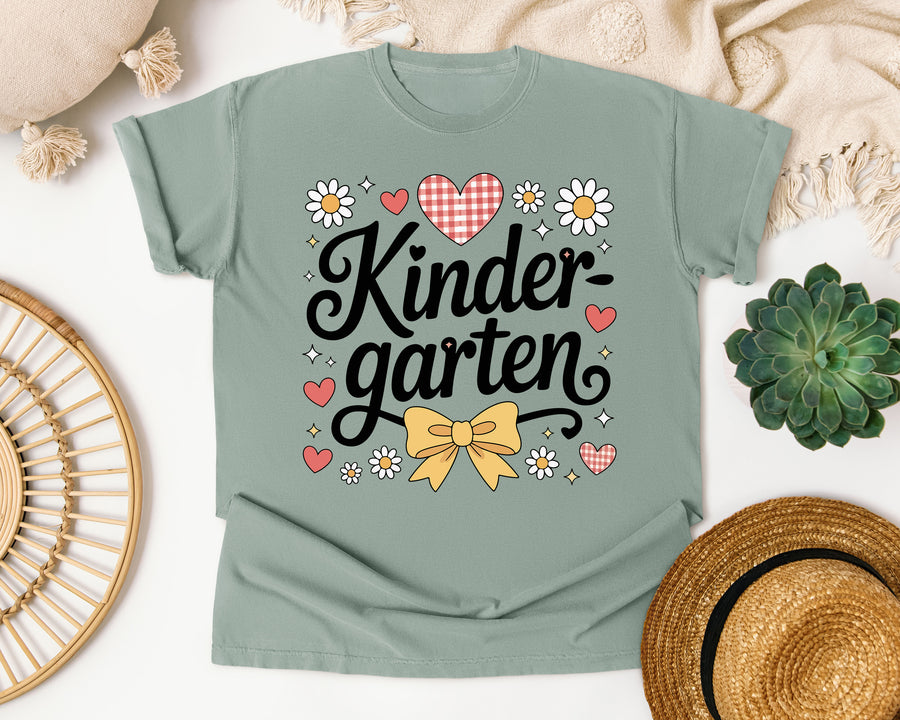 Kindergarten Script Daisy Bow in Bay Comfort Colors 1717 tee