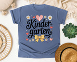 Kindergarten Script Daisy Bow in Blue Jean Comfort Colors 1717 tee