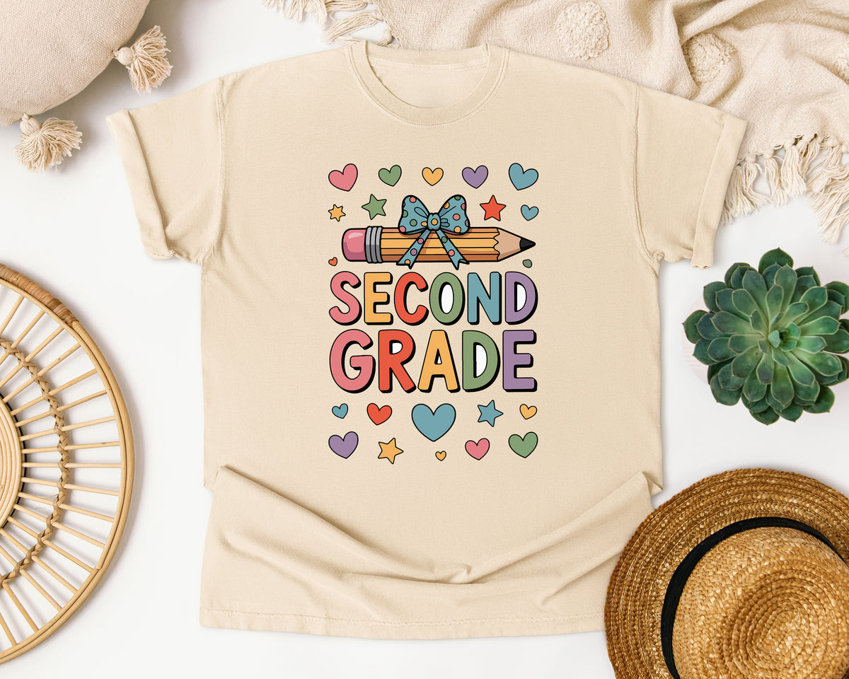 Second Grade Pencil Bow in Ivory Comfort Colors 1717 tee