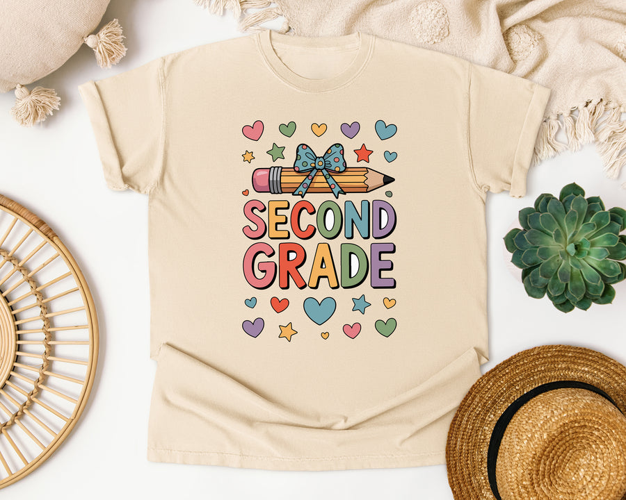 Second Grade Pencil Bow in Ivory Comfort Colors 1717 tee