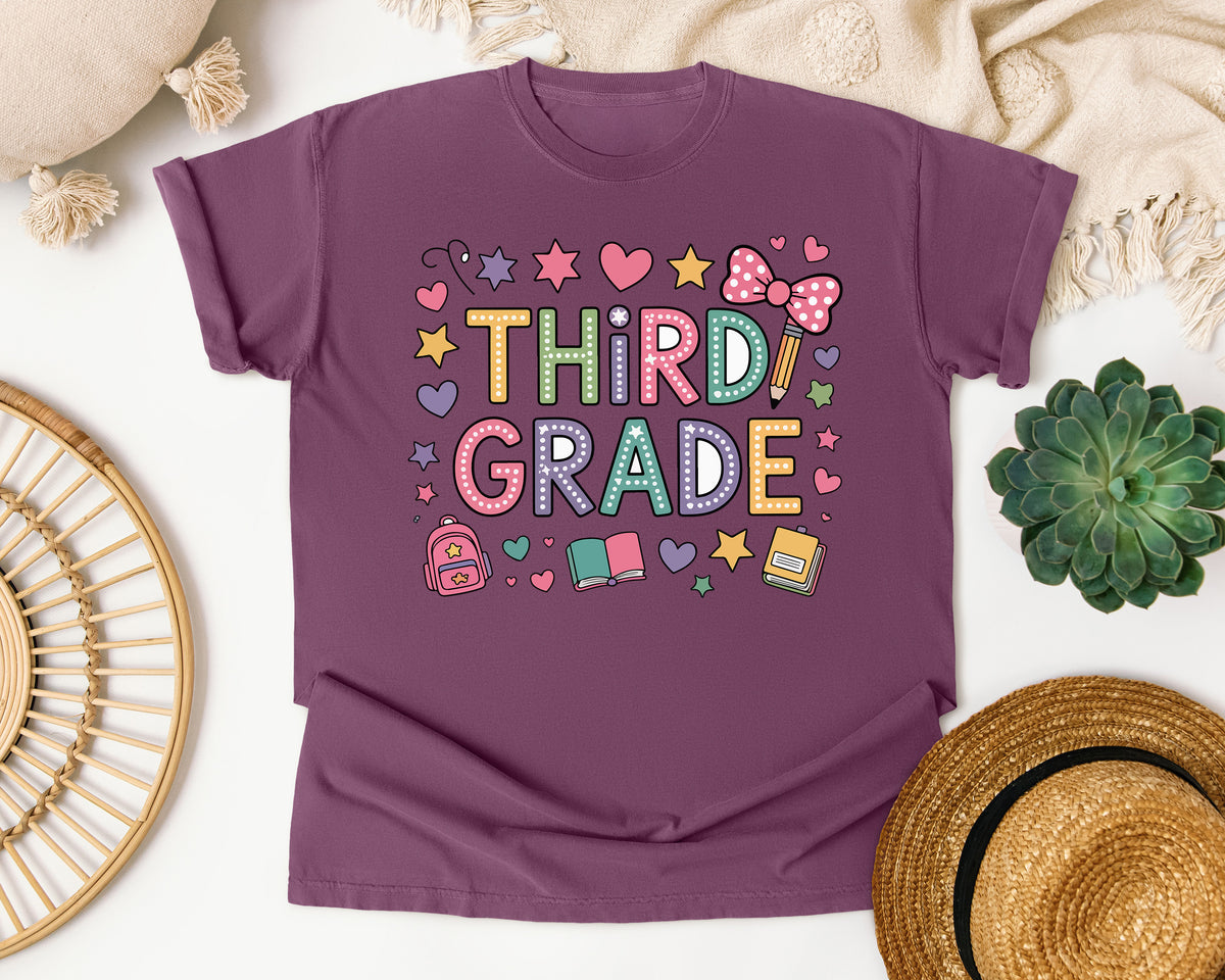 Third Grade Bow Doodles in Berry Comfort Colors 1717 tee