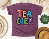 Teacher Bright Block Letters in Berry Comfort Colors 1717 tee