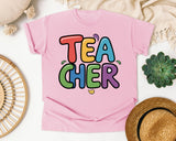 Teacher Bright Block Letters in Blossom Comfort Colors 1717 tee