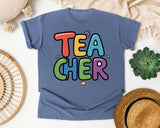 Teacher Bright Block Letters in Blue Jean Comfort Colors 1717 tee