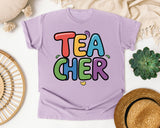 Teacher Bright Block Letters in Orchid Comfort Colors 1717 tee