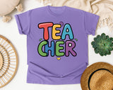 Teacher Bright Block Letters in Violet Comfort Colors 1717 tee