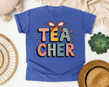 Teacher Bow Patterned in Flo Blue Comfort Colors 1717 tee