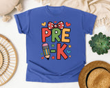 Pre-K Pencil Bow Hearts in Flo Blue Comfort Colors 1717 tee