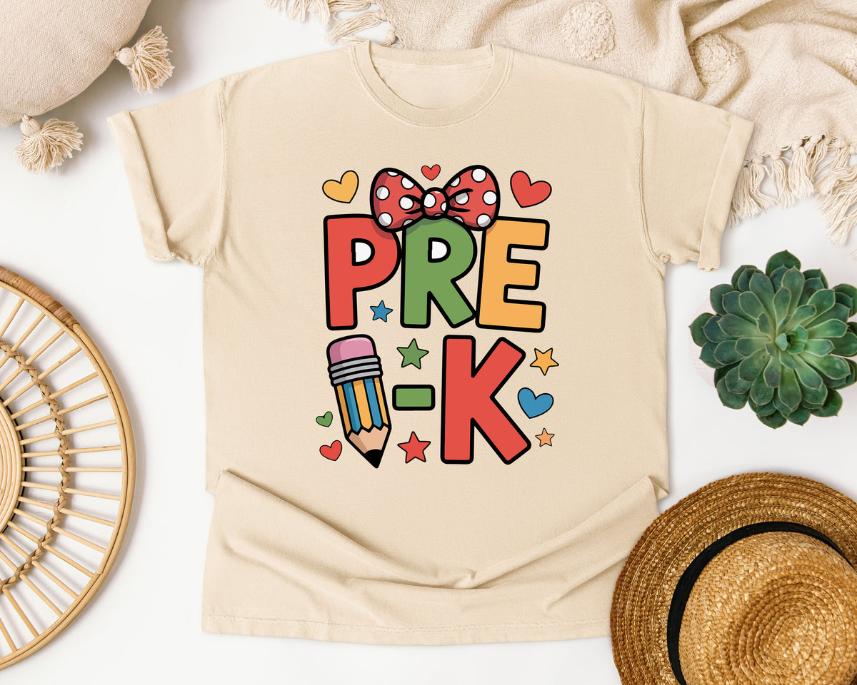 Pre-K Pencil Bow Hearts in Ivory Comfort Colors 1717 tee