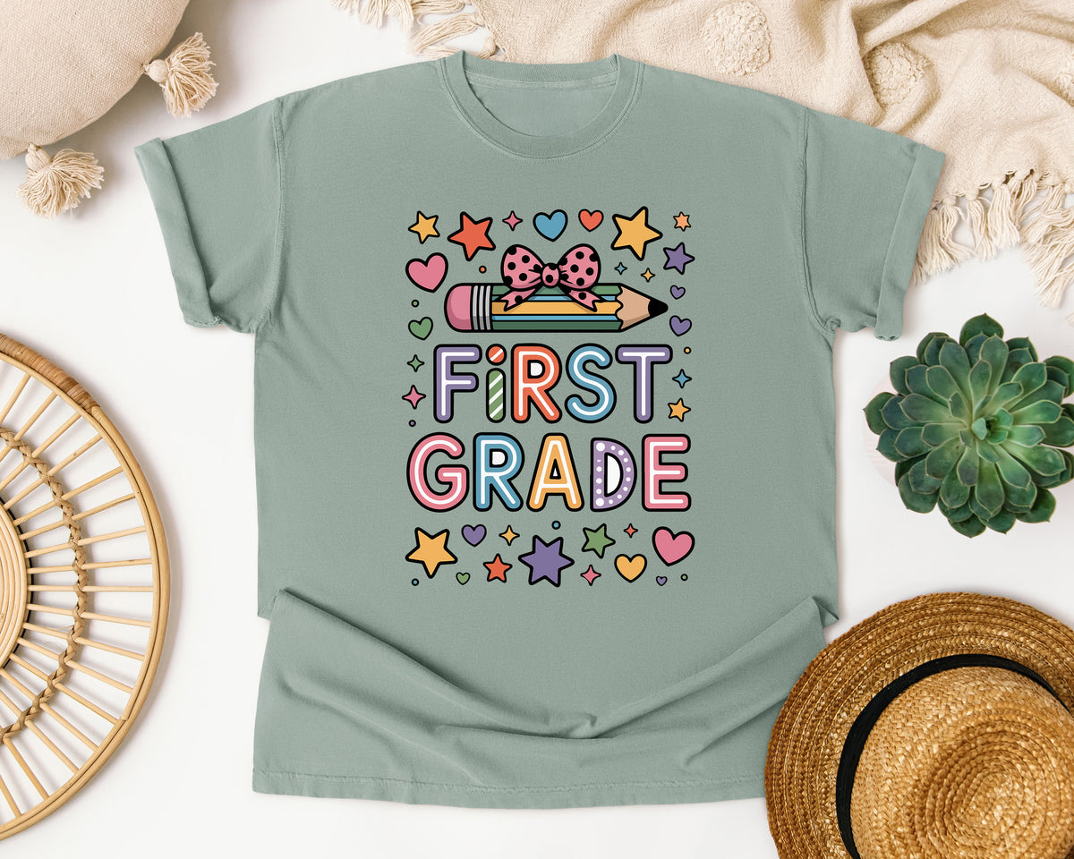 First Grade Pencil Bow Stars Bright in Bay Comfort Colors 1717 tee