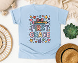 First Grade Pencil Bow Stars Bright in Chambray Comfort Colors 1717 tee