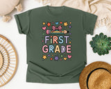 First Grade Pencil Bow Stars Bright in Moss Comfort Colors 1717 tee