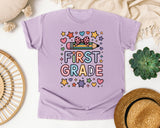First Grade Pencil Bow Stars Bright in Orchid Comfort Colors 1717 tee