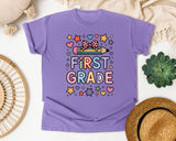 First Grade Pencil Bow Stars Bright in Violet Comfort Colors 1717 tee