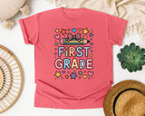 First Grade Pencil Bow Stars Bright in Watermelon Comfort Colors 1717 tee