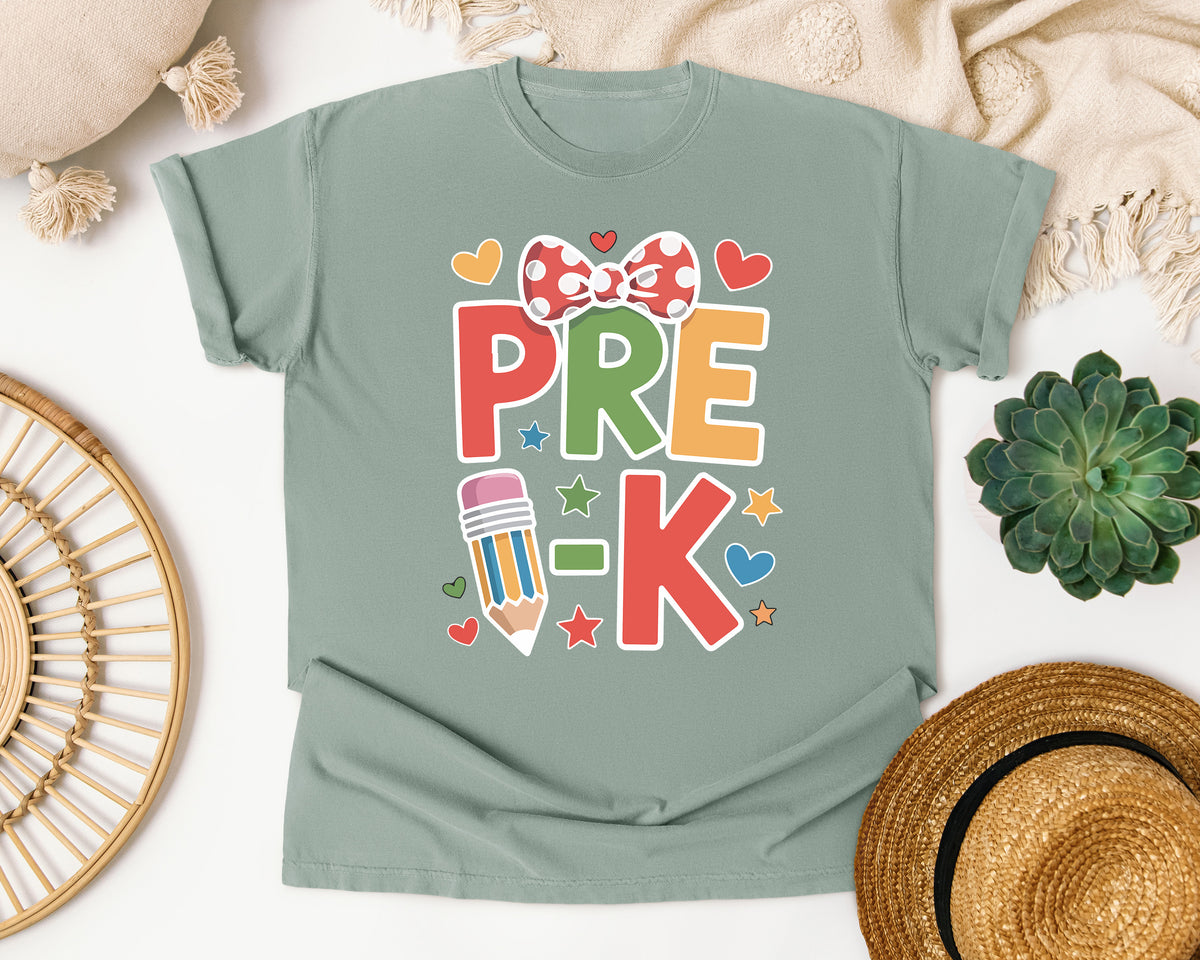 Pre-K Bow Pencil Hearts in Bay Comfort Colors 1717 tee