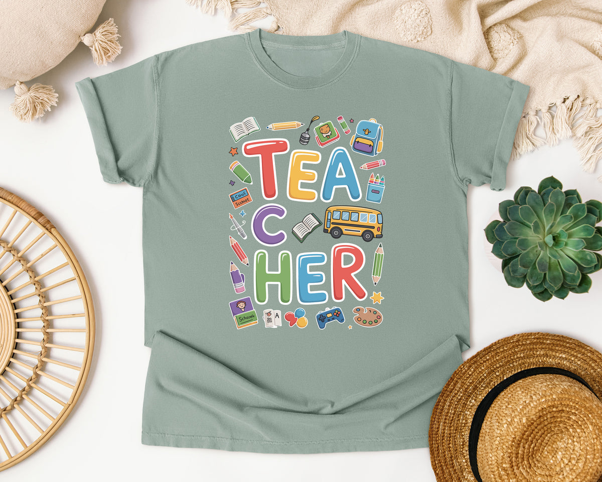 Teacher School Supplies Colorful in Bay Comfort Colors 1717 tee