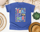 Teacher School Supplies Colorful in Flo Blue Comfort Colors 1717 tee
