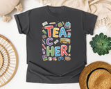 Teacher School Supplies Colorful in Pepper Comfort Colors 1717 tee