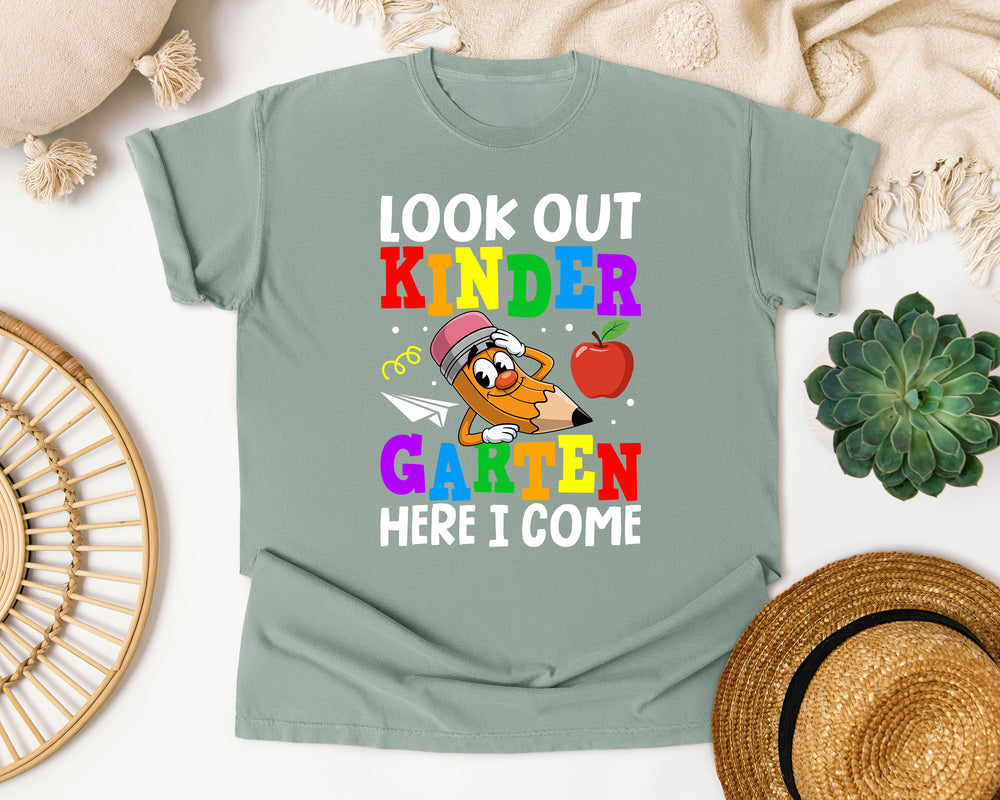 Look Out Kindergarten Here I Come Pencil in Bay Comfort Colors 1717 tee