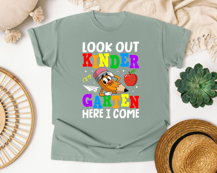 Look Out Kindergarten Here I Come Pencil in Bay Comfort Colors 1717 tee