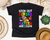 Look Out Kindergarten Here I Come Pencil in Black Comfort Colors 1717 tee