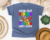 Look Out Kindergarten Here I Come Pencil in Blue Jean Comfort Colors 1717 tee