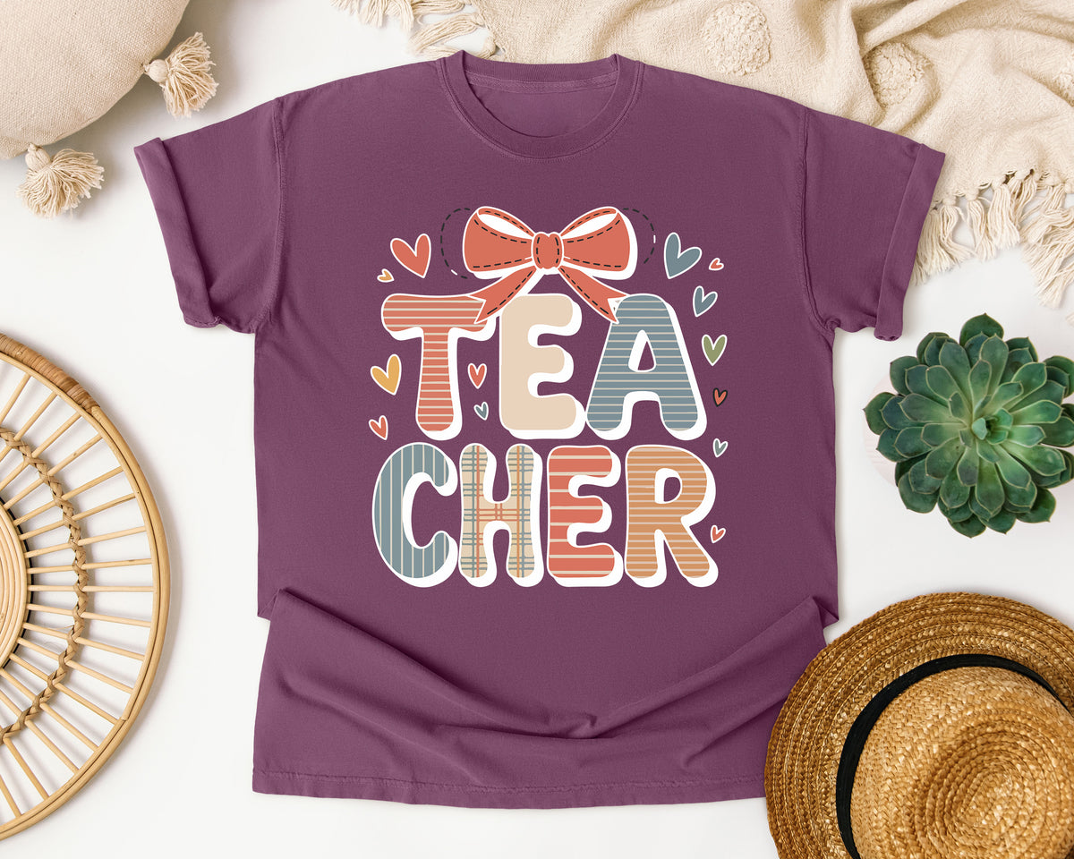 Teacher Bow Striped in Berry Comfort Colors 1717 tee
