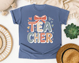 Teacher Bow Striped in Blue Jean Comfort Colors 1717 tee