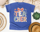 Teacher Bow Striped in Flo Blue Comfort Colors 1717 tee