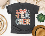 Teacher Bow Striped in Pepper Comfort Colors 1717 tee
