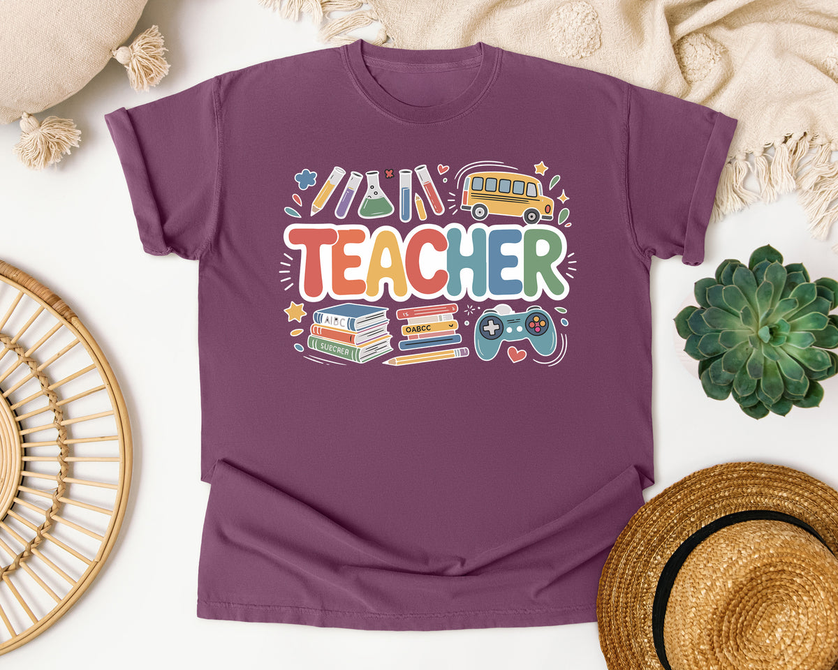Teacher School Supplies Bright in Berry Comfort Colors 1717 tee