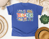 Teacher School Supplies Bright in Flo Blue Comfort Colors 1717 tee