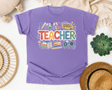Teacher School Supplies Bright in Violet Comfort Colors 1717 tee