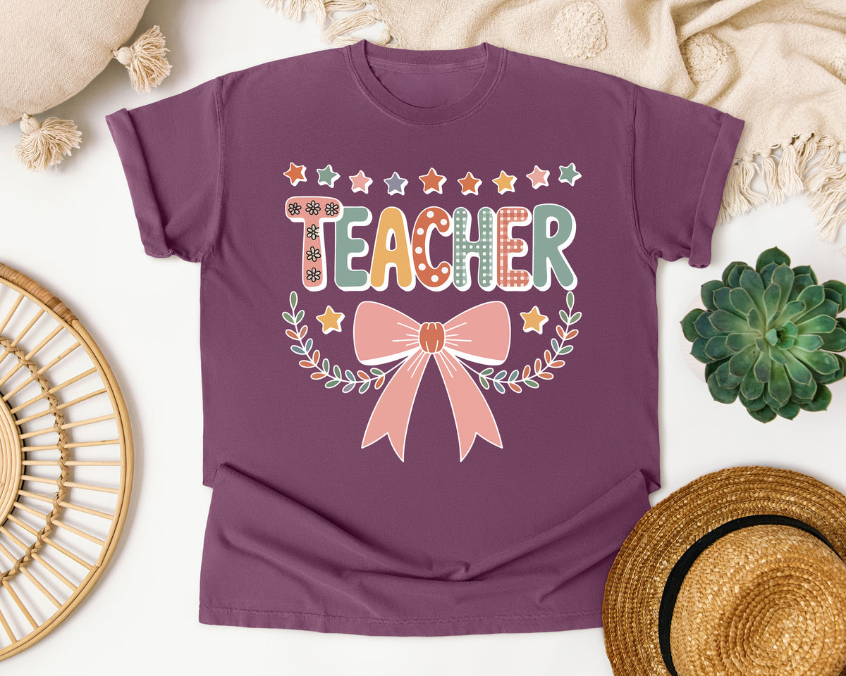 Teacher Bow Dotted in Berry Comfort Colors 1717 tee