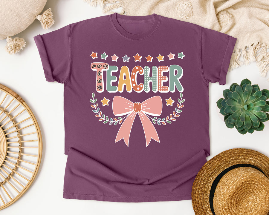 Teacher Bow Dotted in Berry Comfort Colors 1717 tee