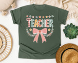 Teacher Bow Dotted in Moss Comfort Colors 1717 tee