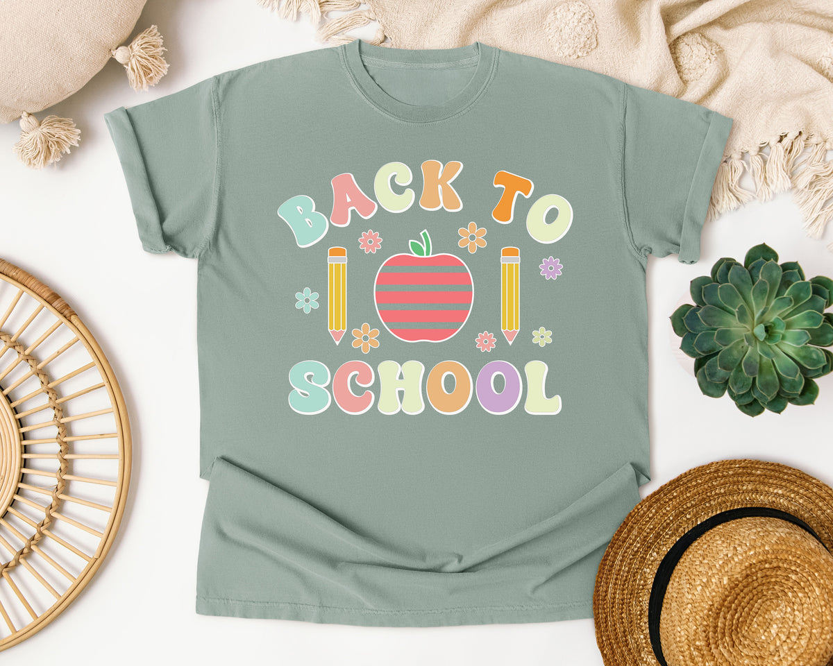 Back To School Apple Pencils Pastel in Bay Comfort Colors 1717 tee