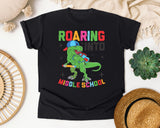 Roaring Into Middle School Dinosaur in Black Comfort Colors 1717 tee